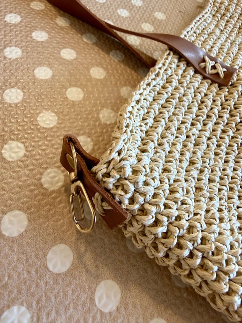 Neutral Woven Tote with Brown Leather Handles - Picture 3 of 6